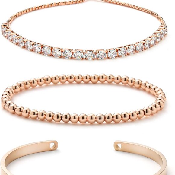 Gold Plated Tennis Bracelet Set for Women Cubic Zirconia Adjustable - Picture 1 of 7
